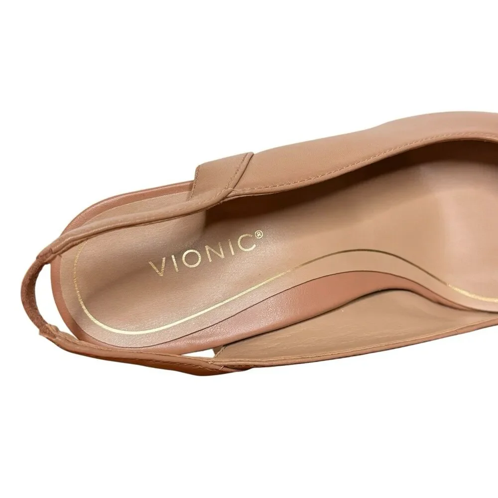Vionic Adalena Slingback Heels Size 7 Nude Tan Pointed Toe Leather Pumps Dressy